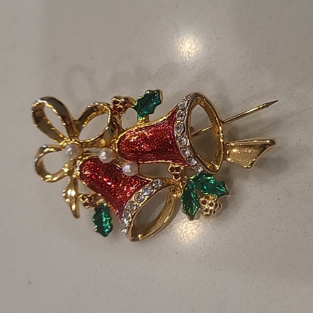 Festive Red and Gold Bell Brooch